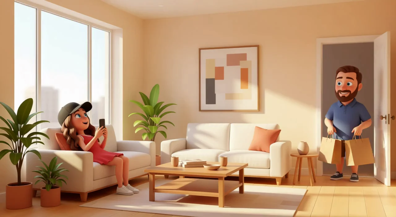 She looks up from her phone as he walks in with the groceries — and the one thing he forgot.